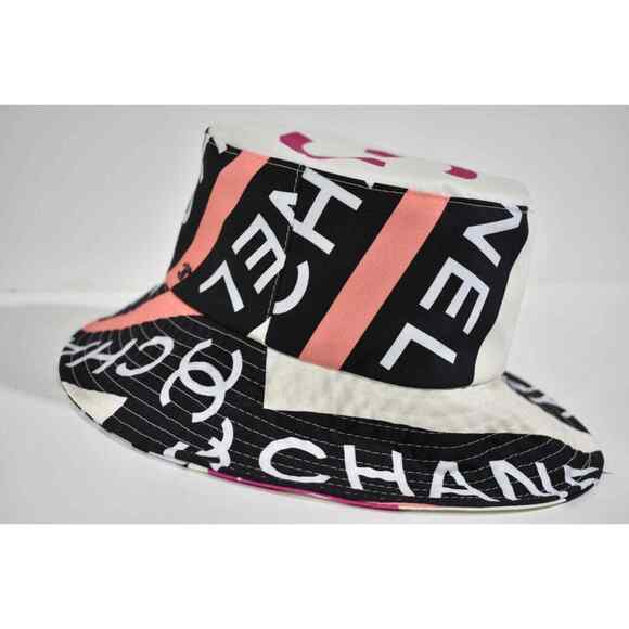 Chanel 22S Black White Pink Beige Fabric CC Logo Sun Cloche Bucket Hat Medium M